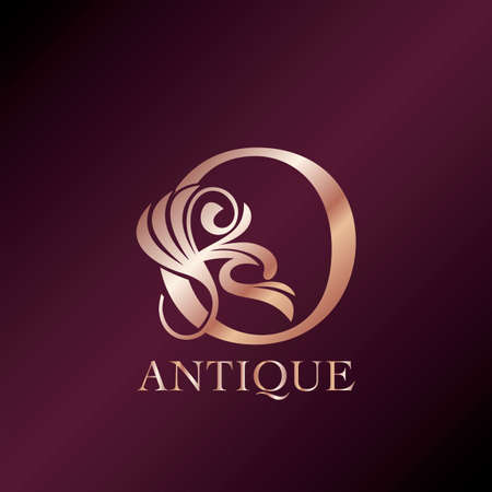 Antique Letter O Initial Logo Elegance Gold Rose Luxury Ornate Deco Swirl Shape Template Design.のイラスト素材