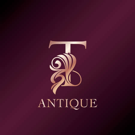 Antique Letter T Initial Logo Elegance Gold Rose Luxury Ornate Deco Swirl Shape Template Design.のイラスト素材