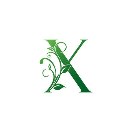 Green Ornate Floral Letter X logo Icon, Luxury alphabet font initial vector design isolated on white background color.のイラスト素材