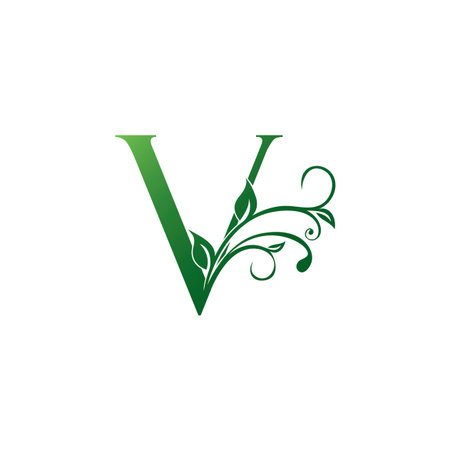 Green Ornate Floral Letter V logo Icon, Luxury alphabet font initial vector design isolated on white background color.のイラスト素材