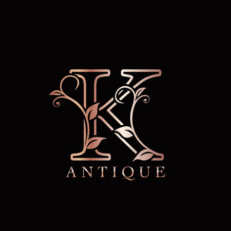 Gold Rose K Luxury Letter Logo Template Design. Monogram antique ornate nature floral leaf with initial letter gold rose color.のイラスト素材