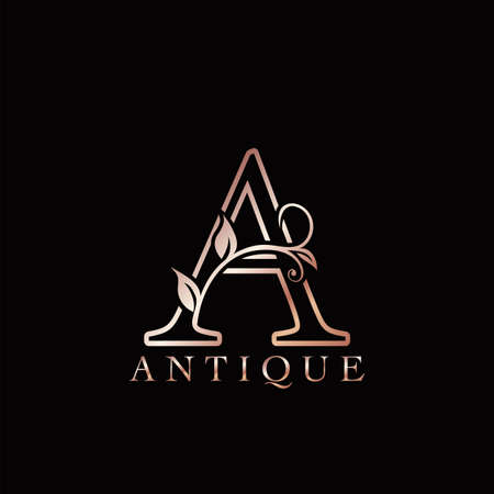 Gold Rose A Luxury Letter Logo Template Design. Monogram antique ornate nature floral leaf with initial letter gold rose color.のイラスト素材