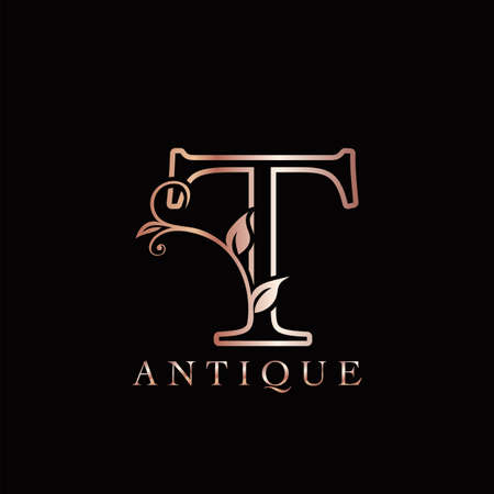Gold Rose T Luxury Letter Logo Template Design. Monogram antique ornate nature floral leaf with initial letter gold rose color.のイラスト素材