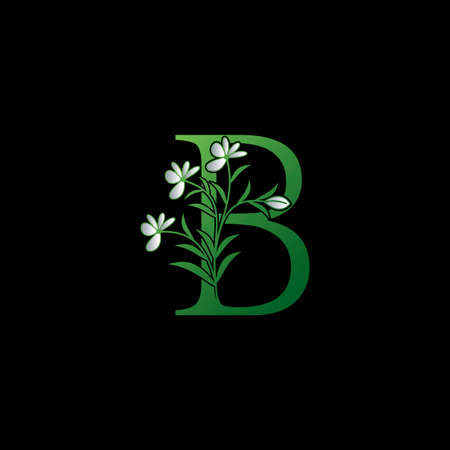 Green Nature Flower Initial Letter B logo icon, vector letter with ornate flower and natural leaf clip art template design.のイラスト素材