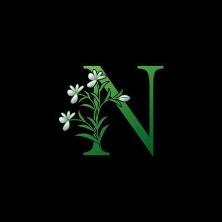 Green Nature Flower Initial Letter N logo icon, vector letter with ornate flower and natural leaf clip art template design.のイラスト素材