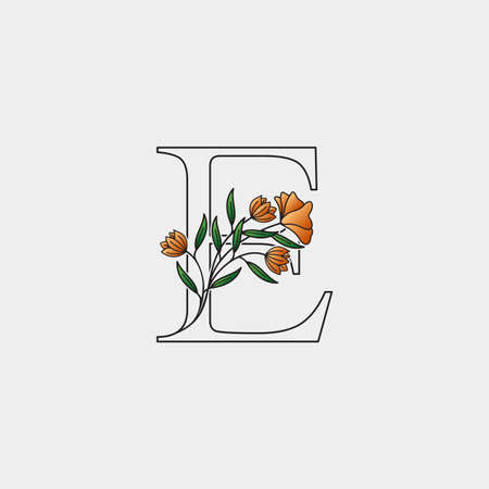 Outline Nature Flower Initial Letter E logo icon, vector letter with hand drawn ornate nature flower template design.のイラスト素材