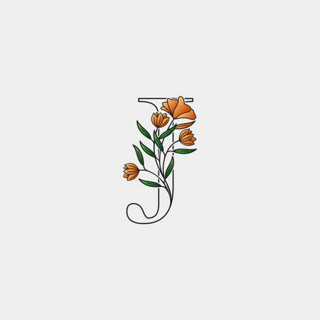 Outline Nature Flower Initial Letter J logo icon, vector letter with hand drawn ornate nature flower template design.のイラスト素材