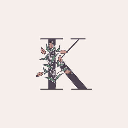 Ornate Initial Letter K logo icon, vector letter with flower and natural leaf clip art designs.のイラスト素材