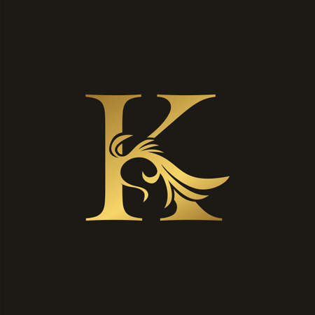 Golden Luxury Swirl Ornate Initial Letter K logo icon, vector letter with ornate swirl deco clip art template design.のイラスト素材