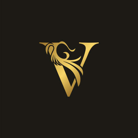 Golden Luxury Swirl Ornate Initial Letter V logo icon, vector letter with ornate swirl deco clip art template design.のイラスト素材