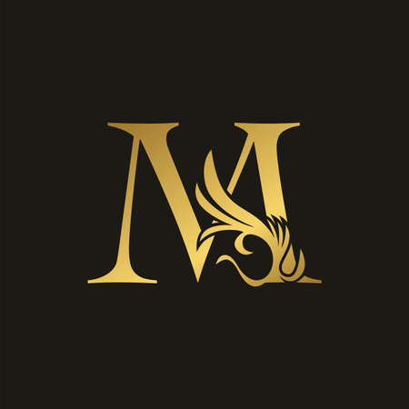 Golden Luxury Swirl Ornate Initial Letter M logo icon, vector letter with ornate swirl deco clip art template design.のイラスト素材
