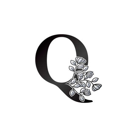 Monogram Initial Q Letter Logo, Elegance Black and White Nature Flowers Ornate Style Vector Design.のイラスト素材