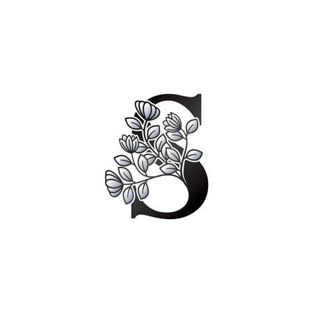 Monogram Initial S Letter Logo, Elegance Black and White Nature Flowers Ornate Style Vector Design.のイラスト素材