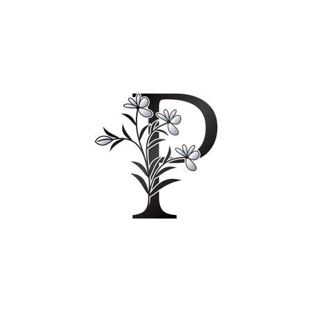 Nature Flower Initial Letter P Logo, Monogram Elegance Black and White Nature Flowers Ornate Style Vector Design.のイラスト素材