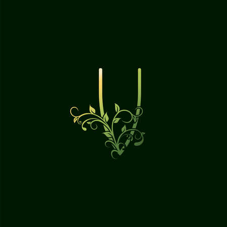 V Letter Green Floral Initial  Icon. Vector design concept ornate typographic abstract floral for decorative lettering sign or alphabet initial with swirl floral leaf elements vintage, elegant, luxury style.のイラスト素材