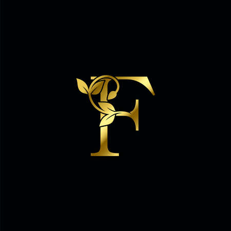 Golden F Letter Minimalist Luxury Initial Nature Tropical Leaf  Icon vector template design.のイラスト素材