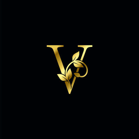 Golden V Letter Minimalist Luxury Initial Nature Tropical Leaf  Icon vector template design.のイラスト素材
