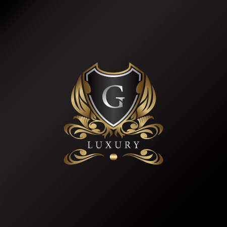 Shield logo in gold color with letter G Logo. Elegant logo vector template made of wide silver alphabet font on shield frame ornate style.のイラスト素材