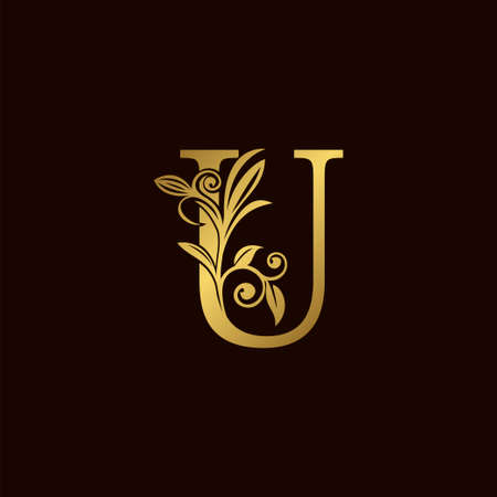 Gold Nature Leaf U Luxury Letter  Concept. Elegant floral style with alphabet vector designのイラスト素材