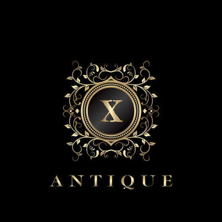 Circle Nature Leaf Luxury Letter X  . Antique elegance vector design floral ornament on circle frame with gold vintage .のイラスト素材