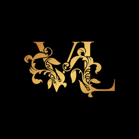 Golden Letter V and L, VL luxury Initial icon, gold vintage design with tropical nature leaves ornament.のイラスト素材