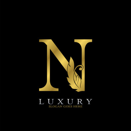 Golden Luxury Feather Initial Letter N  Icon, creative alphabet vector design concept for luxuries business.のイラスト素材