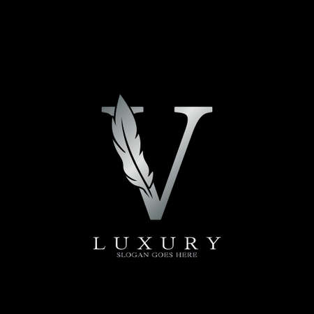 Silver Luxury Feather Initial Letter V  Icon, creative alphabet vector design concept.のイラスト素材