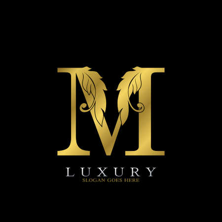 Golden Luxury Feather Initial Letter M  Icon, creative alphabet vector design concept for luxuries business.のイラスト素材
