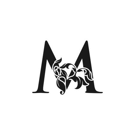 Ornate Luxury Floral Letter M Initial Logo Icon, Black and White Monogram Floral Leaf Design.のイラスト素材