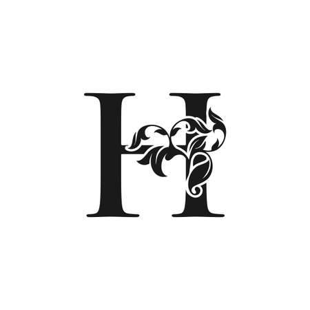 Ornate Luxury Floral Letter H Initial Logo Icon, Black and White Monogram Floral Leaf Design.のイラスト素材