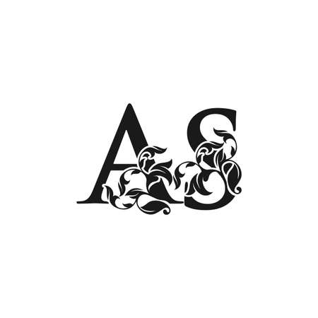 Ornate Luxury Floral Letter A, S, AS Initial Logo Icon, Black and White Monogram Floral Leaf Design.のイラスト素材