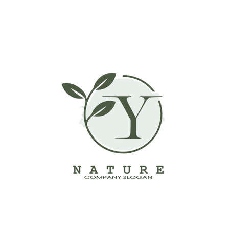 Y Letter Nature Floral Logo. Abstract vector logo design concept naturally floral leaf with circle shape and letter for initial or business identity.のイラスト素材