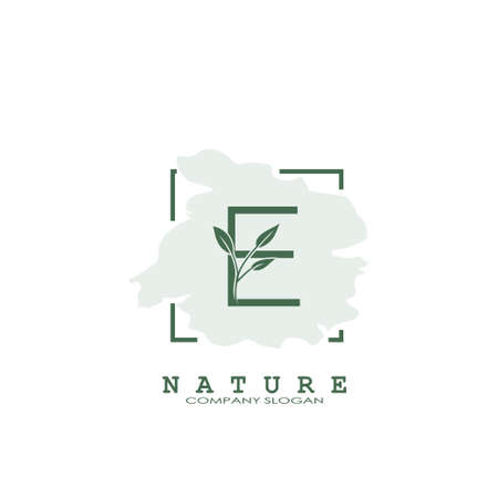 E Letter Nature Floral Logo icon. Abstract vector logo design concept naturally floral leaf with square line shape and letter for initial or business identity.のイラスト素材