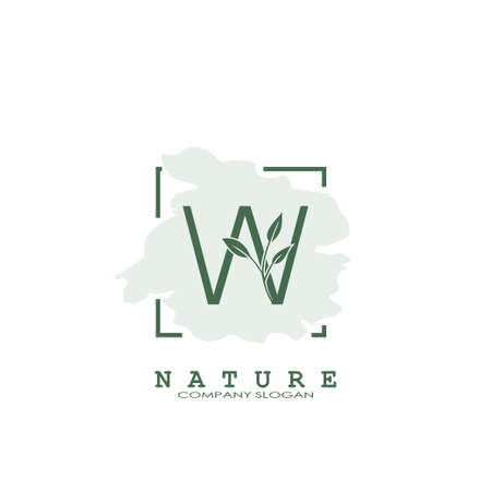 W Letter Nature Floral Logo icon. Abstract vector logo design concept naturally floral leaf with square line shape and letter for initial or business identity.のイラスト素材