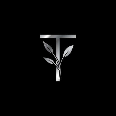 Monogram Initial Logo Letter T. Silver vector design concept floral leaves for business identity.のイラスト素材