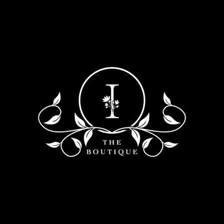 I Letter Logo Boutique Luxury Nature Floral Flower. Monogram vector design concept letter and floral flower with leaf for initial, fashion brand, and luxuries business identity.のイラスト素材