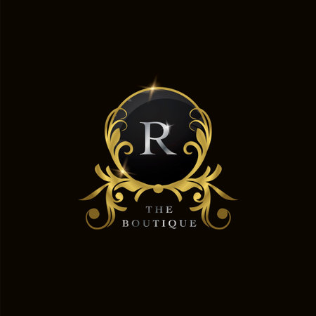 R Letter Golden Circle Shield Luxury Boutique Logo, vector design concept for initial, luxury business, hotel, wedding service, boutique, decoration and more brands.のイラスト素材