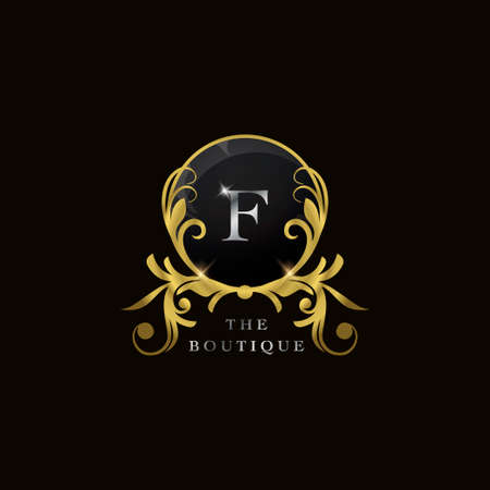 F Letter Golden Circle Shield Luxury Boutique Logo, vector design concept for initial, luxury business, hotel, wedding service, boutique, decoration and more brands.のイラスト素材