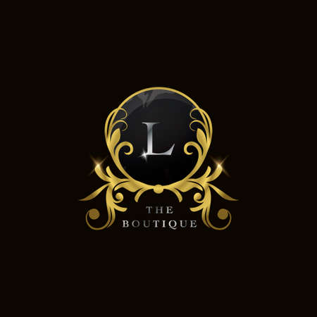 L Letter Golden Circle Shield Luxury Boutique Logo, vector design concept for initial, luxury business, hotel, wedding service, boutique, decoration and more brands.のイラスト素材