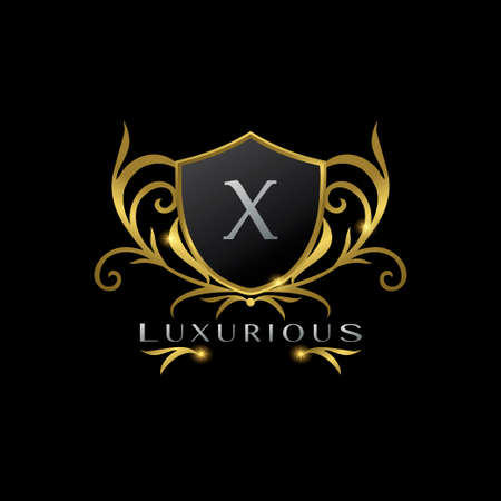 Golden Letter X Luxurious Shield  , vector design concept for luxuries businessのイラスト素材