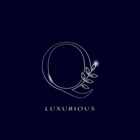 Silver Luxurious Initial Letter Q   icon vector design concept outline nature leaves with letter isolation on blue background color.のイラスト素材