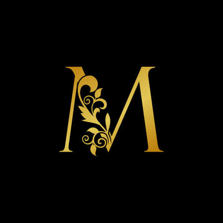 Luxury Gold Initial Letter M   icon. Vector design concept luxury vintage nature leaves .のイラスト素材