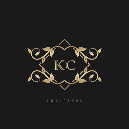 Classic Vintage Letter K, C, KC logo with nature leaves.のイラスト素材