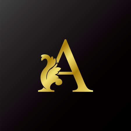 Gold Flourish Letter A Decorative Logo Icon, Luxury Design Swirl Ornate Ornamental Vector Designのイラスト素材