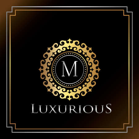 Gold Luxury Ornate Badge M Logo Letter. Elegance Ornate Decorative Luxury Initial Logo Template Golden Color.のイラスト素材