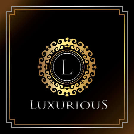 Gold Luxury Ornate Badge L Logo Letter. Elegance Ornate Decorative Luxury Initial Logo Template Golden Color.のイラスト素材