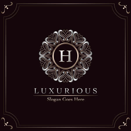 Elegance Ornate Luxury Mandala Badge Letter H Logo Design Decorative Frame Templateのイラスト素材