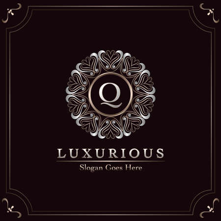 Elegance Ornate Luxury Mandala Badge Letter Q Logo Design Decorative Frame Templateのイラスト素材