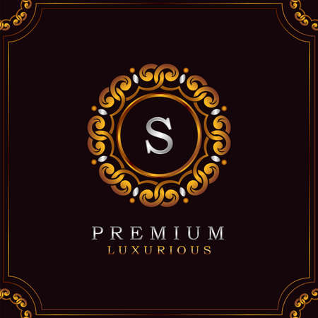 Golden Premium Luxury Mandala Badge Letter S Logo Design. Elegance Ornate Decoration Mandala Badge On Golden Frame .のイラスト素材