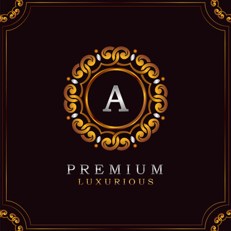 Golden Premium Luxury Mandala Badge Letter A Logo Design. Elegance Ornate Decoration Mandala Badge On Golden Frame .のイラスト素材